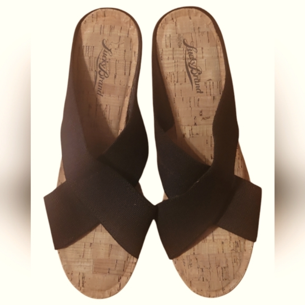 Lucky Brand Womens Miller Wedge Platform Slip On Cork Black  Sandals 9M /39